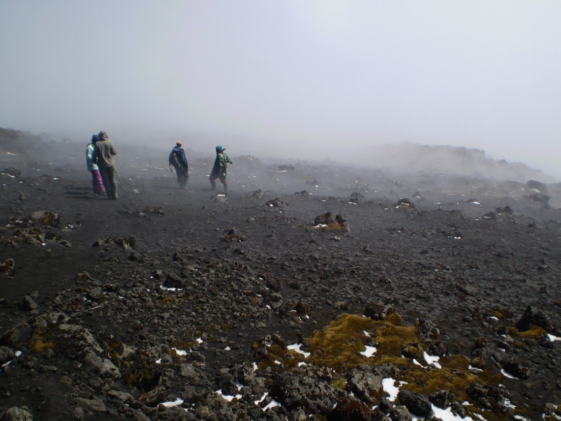 The upper slopes of mount Karisimbi in Rwanda with black volcanic soil
